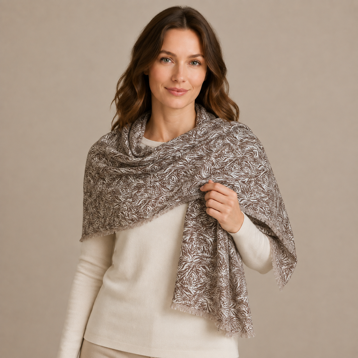Elegant Brown & Ivory Abstract Print Chiffon Scarf