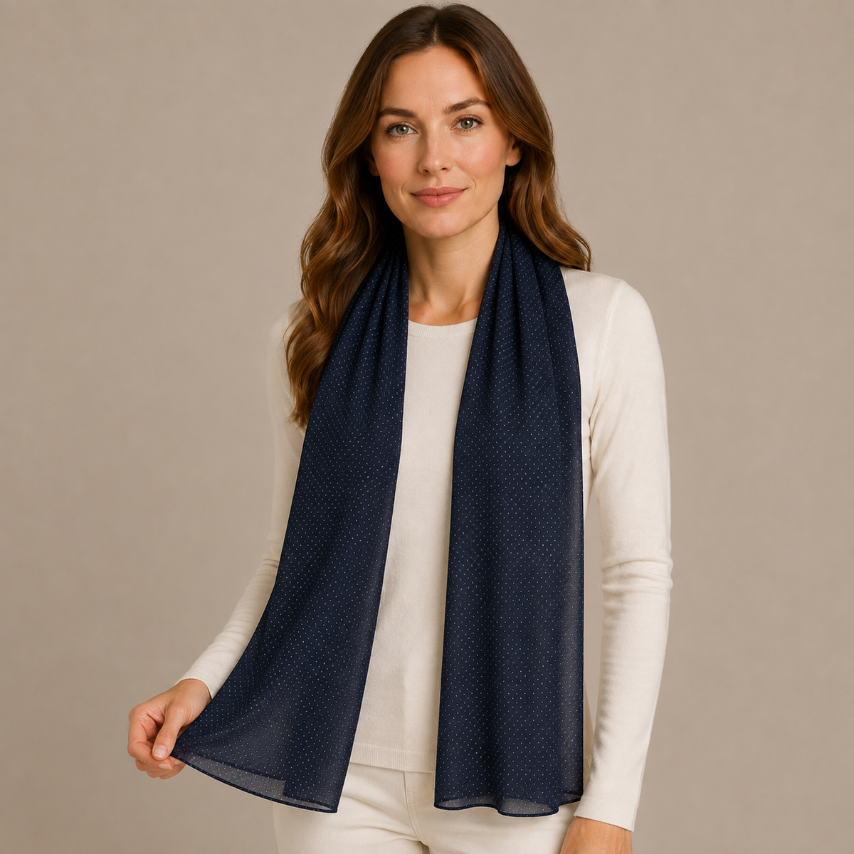 Elegant Navy Blue Polka Dot Chiffon Scarf