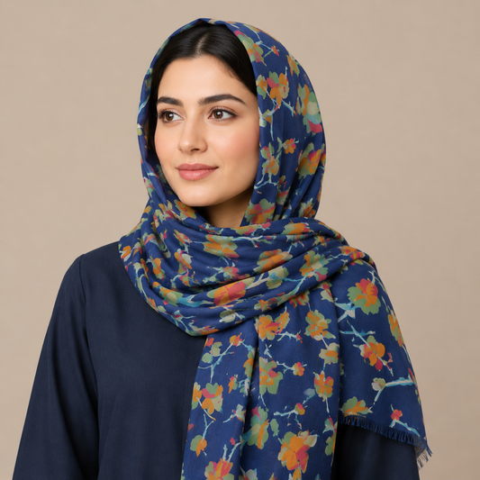 Navy Blue Floral Vine Scarf with Fringe