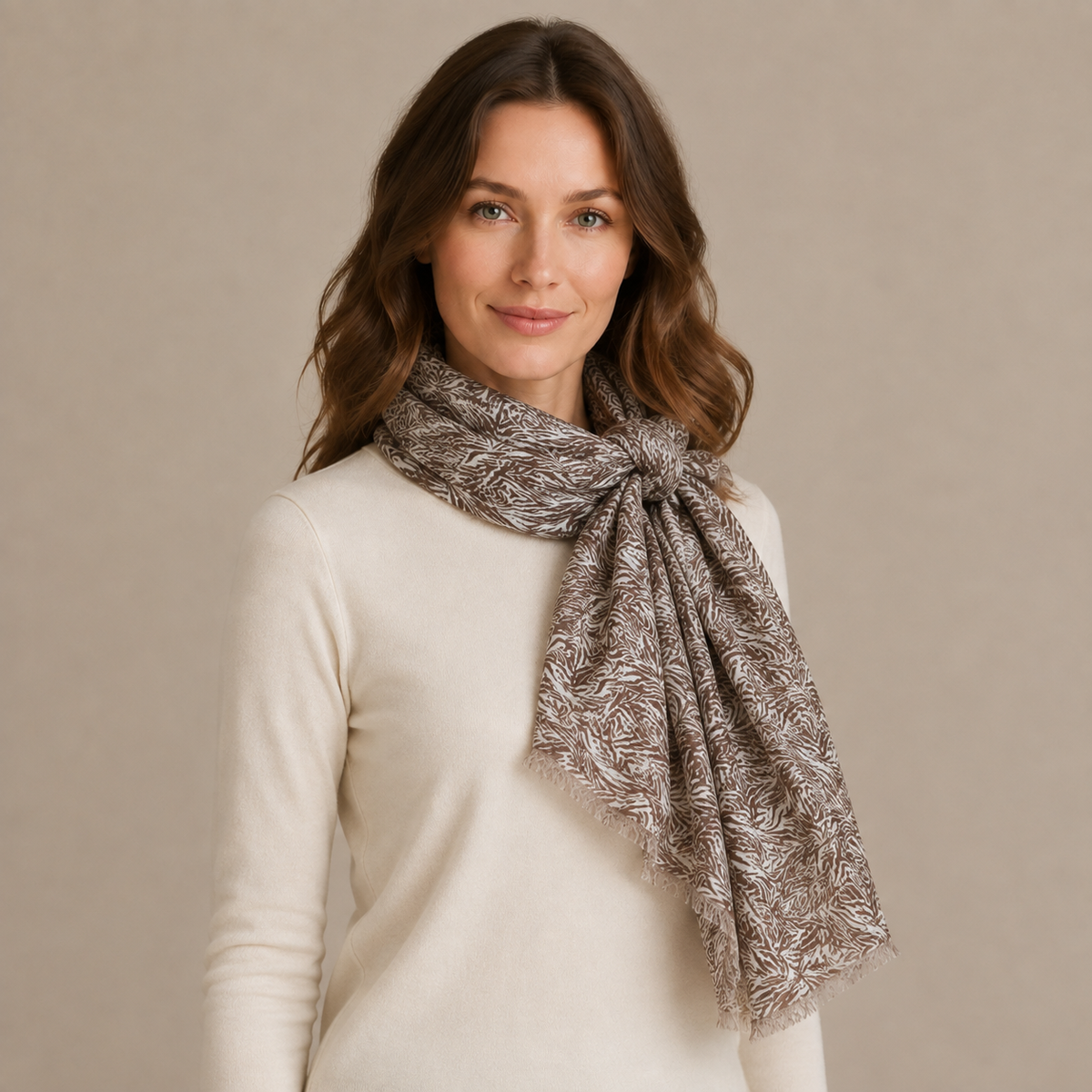 Elegant Brown & Ivory Abstract Print Chiffon Scarf