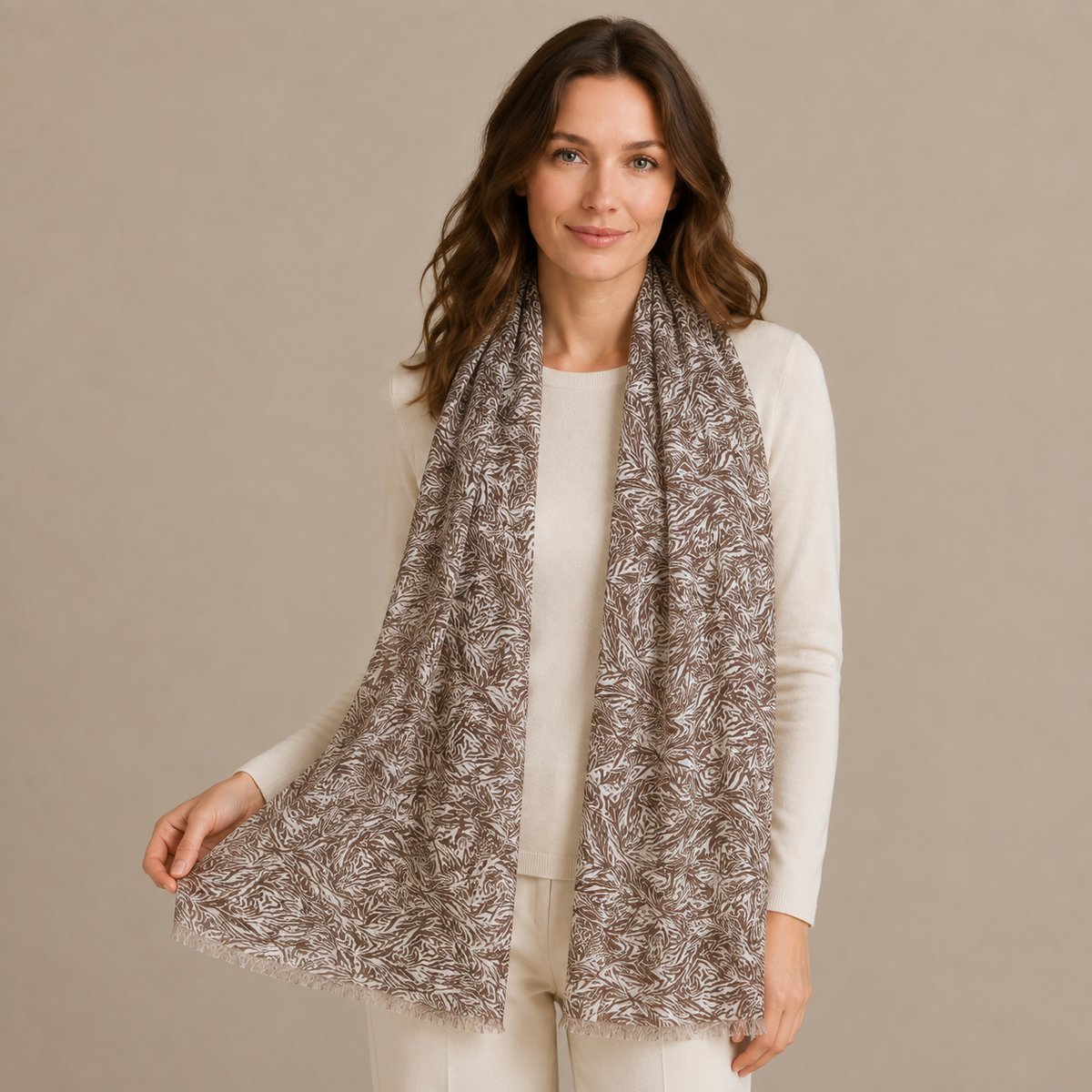 Elegant Brown & Ivory Abstract Print Chiffon Scarf