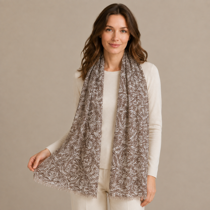 Elegant Brown & Ivory Abstract Print Chiffon Scarf
