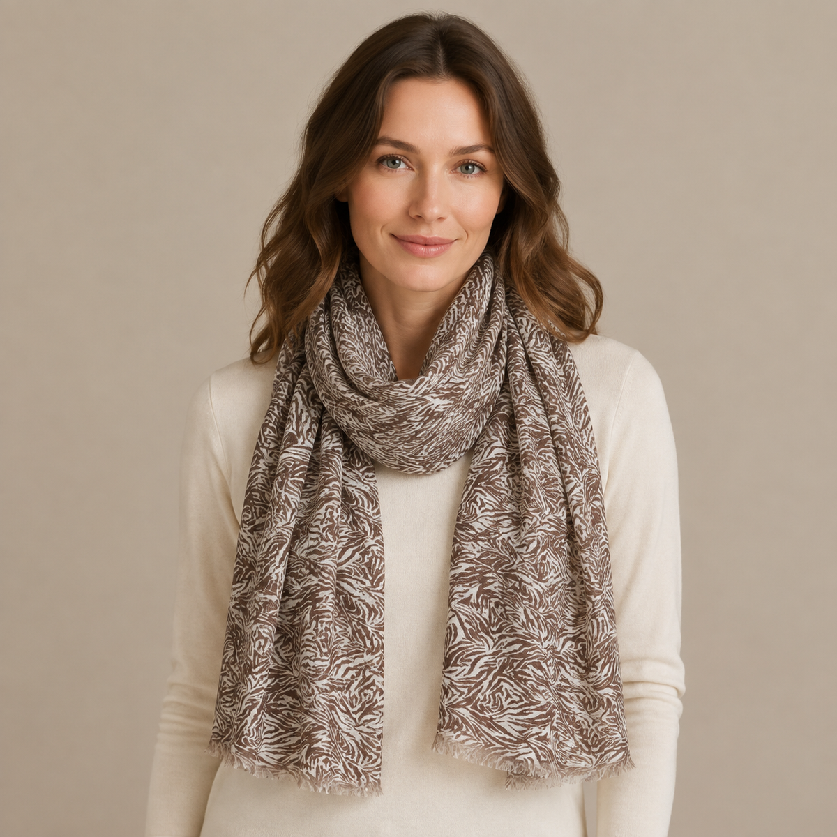 Elegant Brown & Ivory Abstract Print Chiffon Scarf