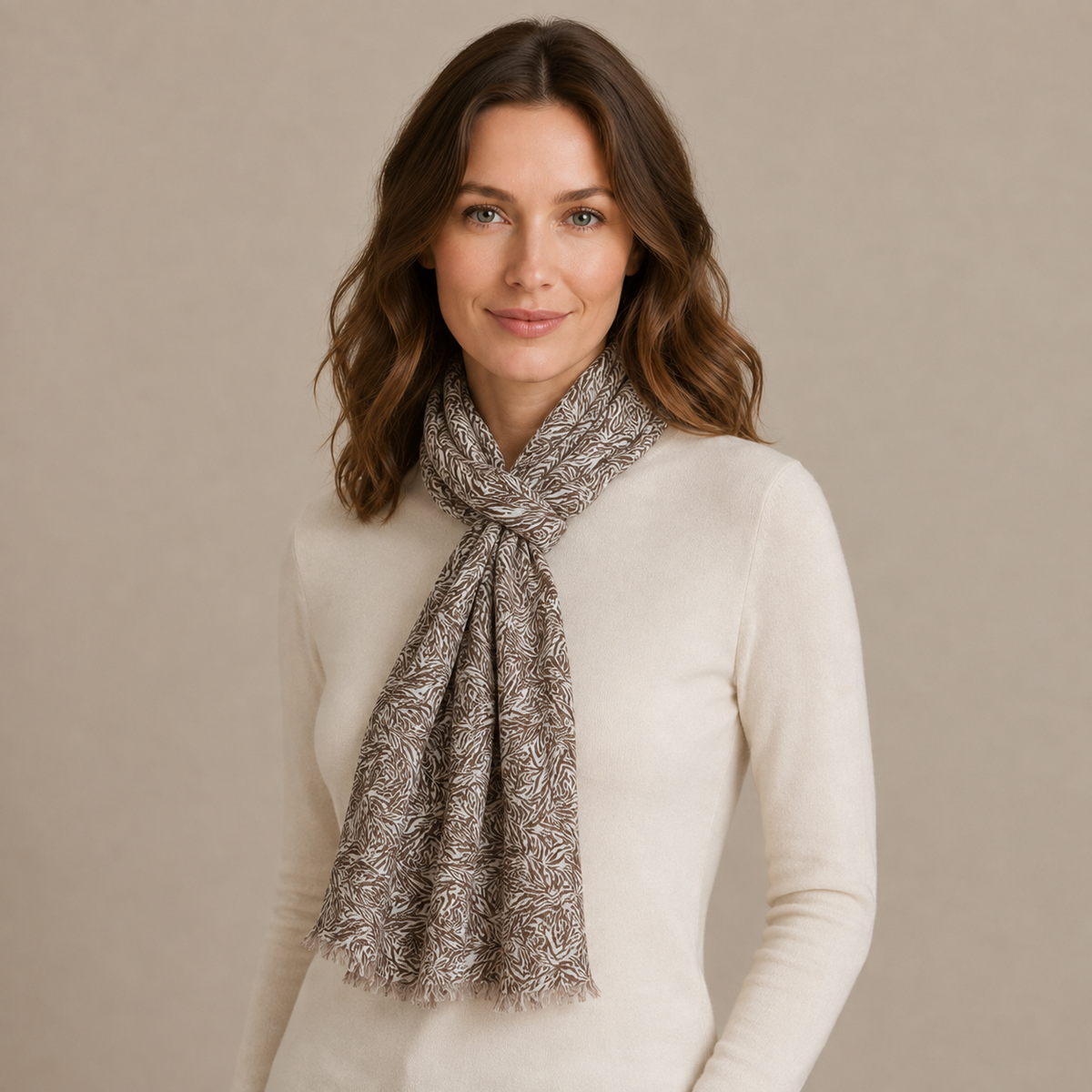 Elegant Brown & Ivory Abstract Print Chiffon Scarf