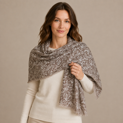 Elegant Brown & Ivory Abstract Print Chiffon Scarf