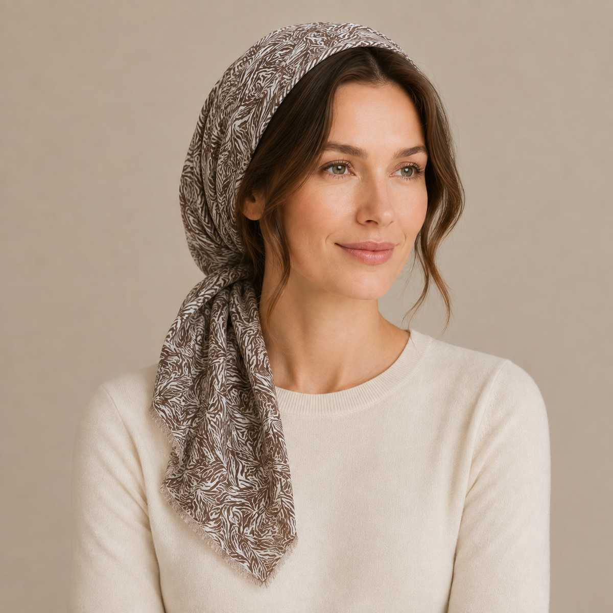 Elegant Brown & Ivory Abstract Print Chiffon Scarf