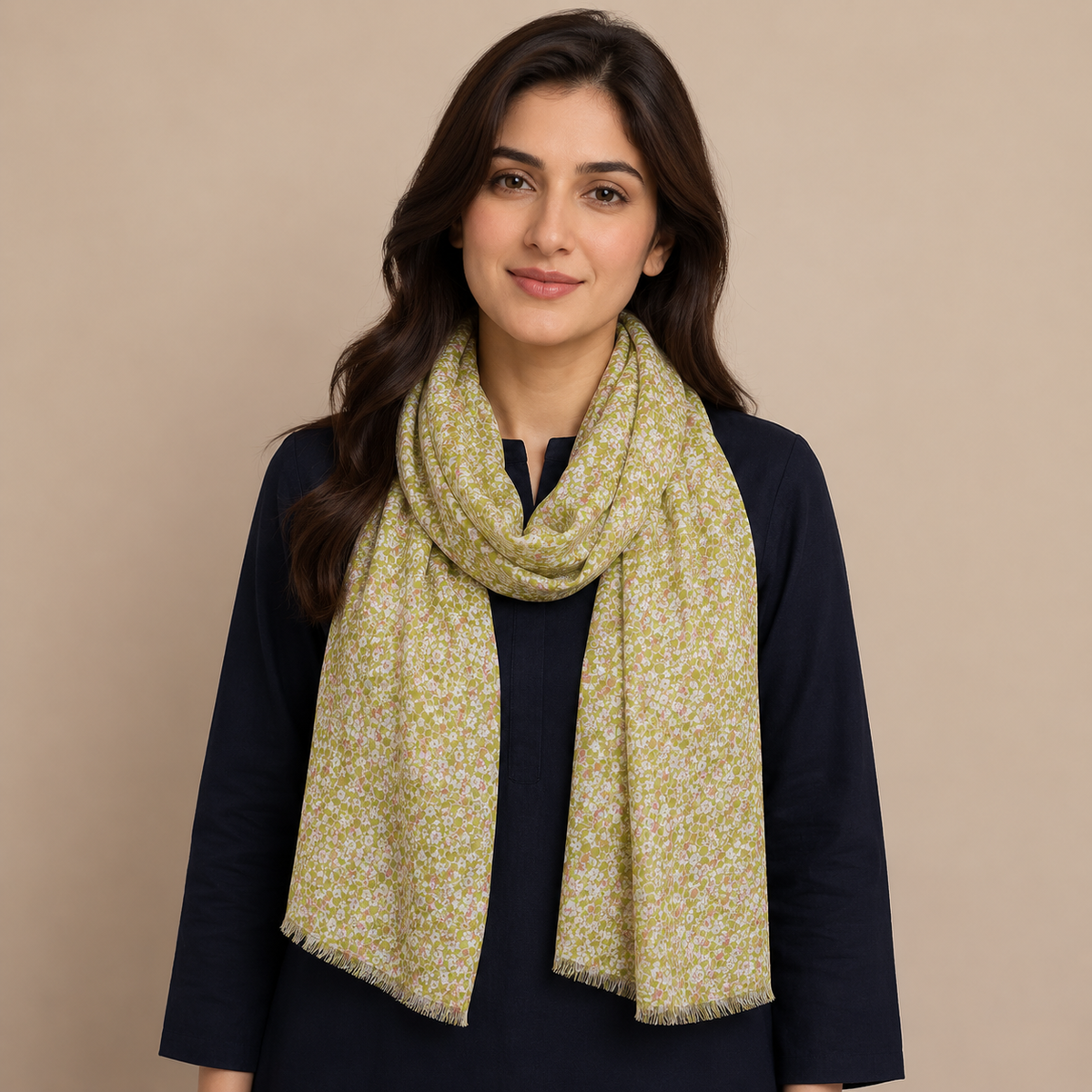 Olive Green Ditsy Floral Scarf with Fringe