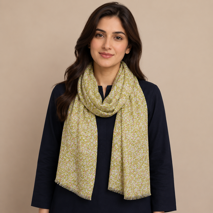 Olive Green Ditsy Floral Scarf with Fringe