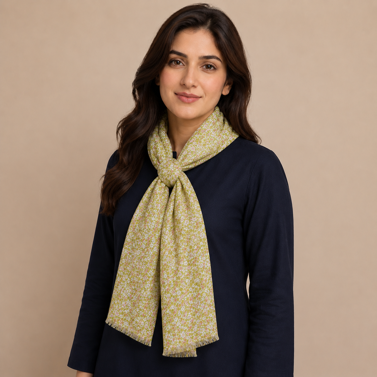 Olive Green Ditsy Floral Scarf with Fringe