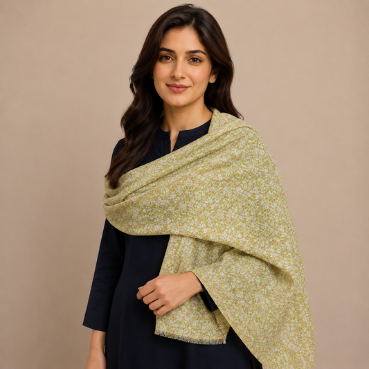 Olive Green Ditsy Floral Scarf with Fringe