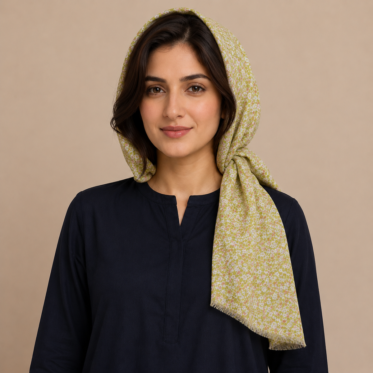 Olive Green Ditsy Floral Scarf with Fringe
