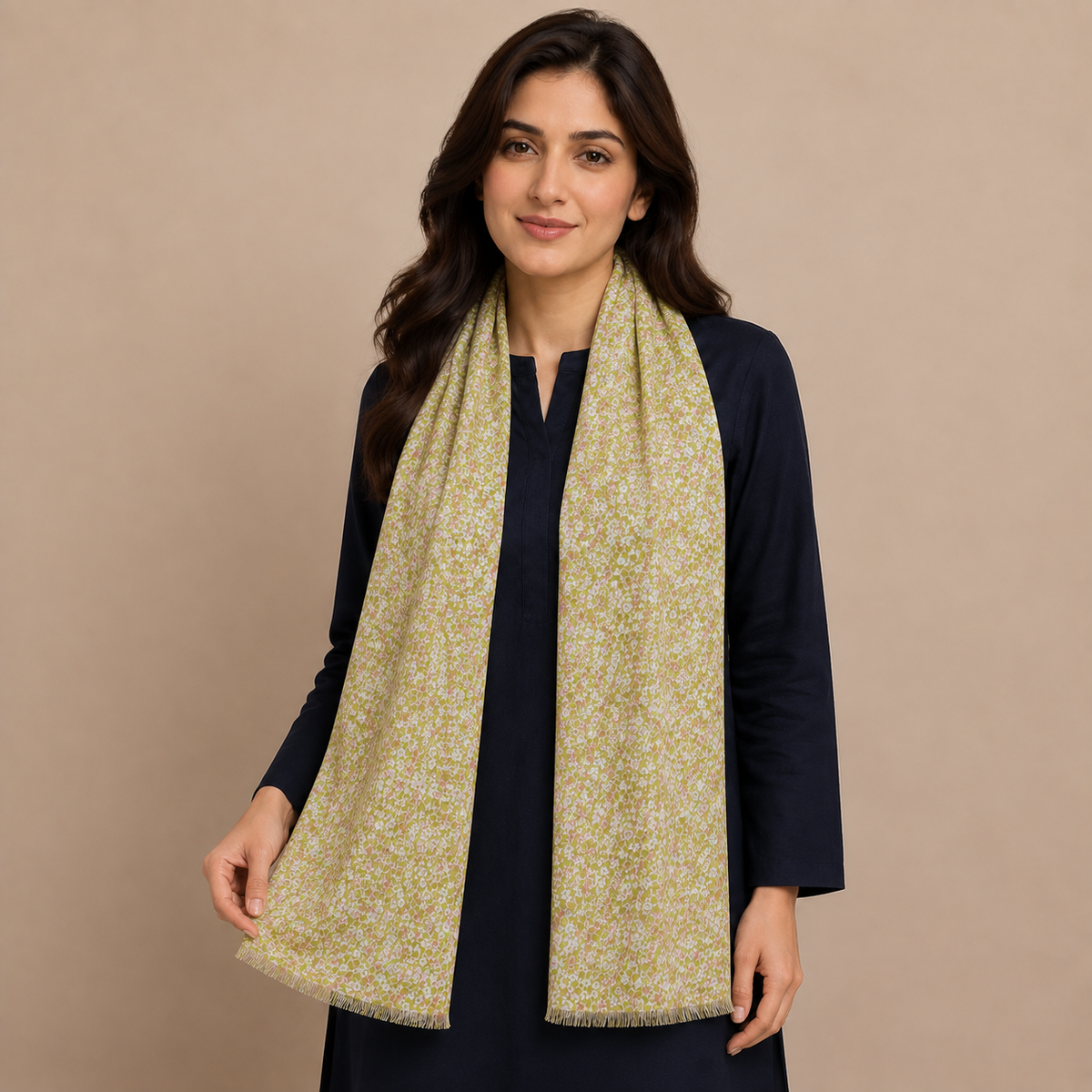 Olive Green Ditsy Floral Scarf with Fringe
