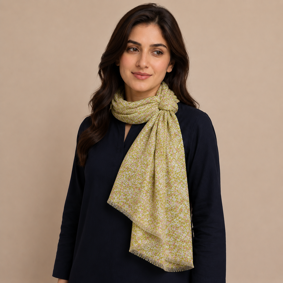 Olive Green Ditsy Floral Scarf with Fringe