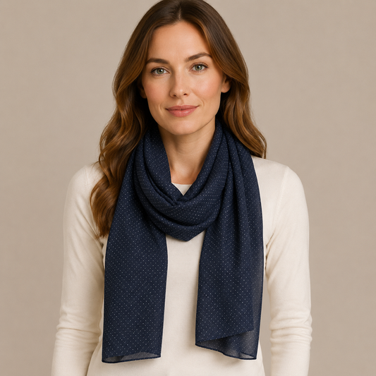Elegant Navy Blue Polka Dot Chiffon Scarf