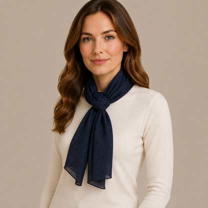 Elegant Navy Blue Polka Dot Chiffon Scarf