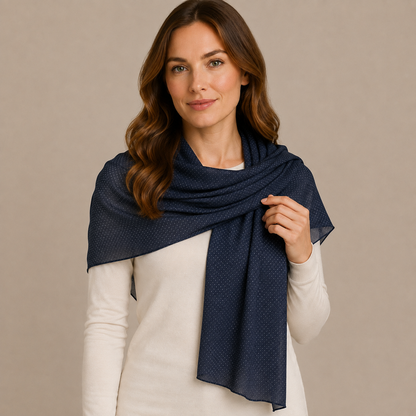 Elegant Navy Blue Polka Dot Chiffon Scarf