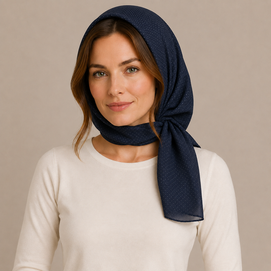 Elegant Navy Blue Polka Dot Chiffon Scarf