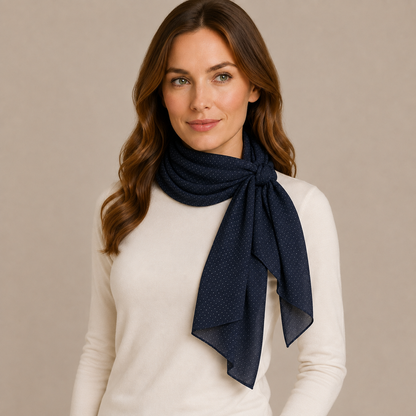 Elegant Navy Blue Polka Dot Chiffon Scarf