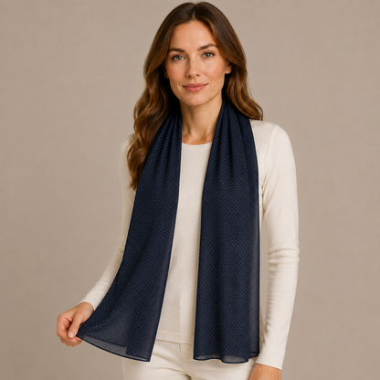 Elegant Navy Blue Polka Dot Chiffon Scarf