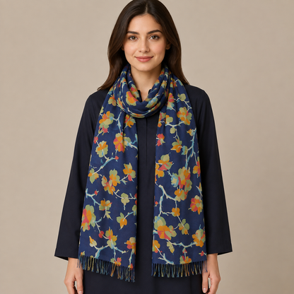 Navy Blue Floral Vine Scarf with Fringe