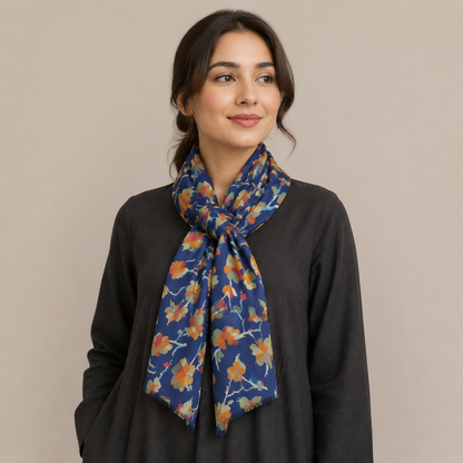 Navy Blue Floral Vine Scarf with Fringe