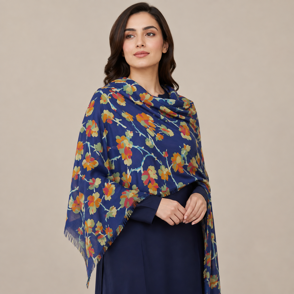 Navy Blue Floral Vine Scarf with Fringe