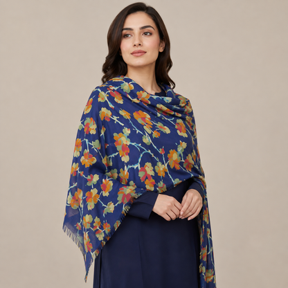 Navy Blue Floral Vine Scarf with Fringe
