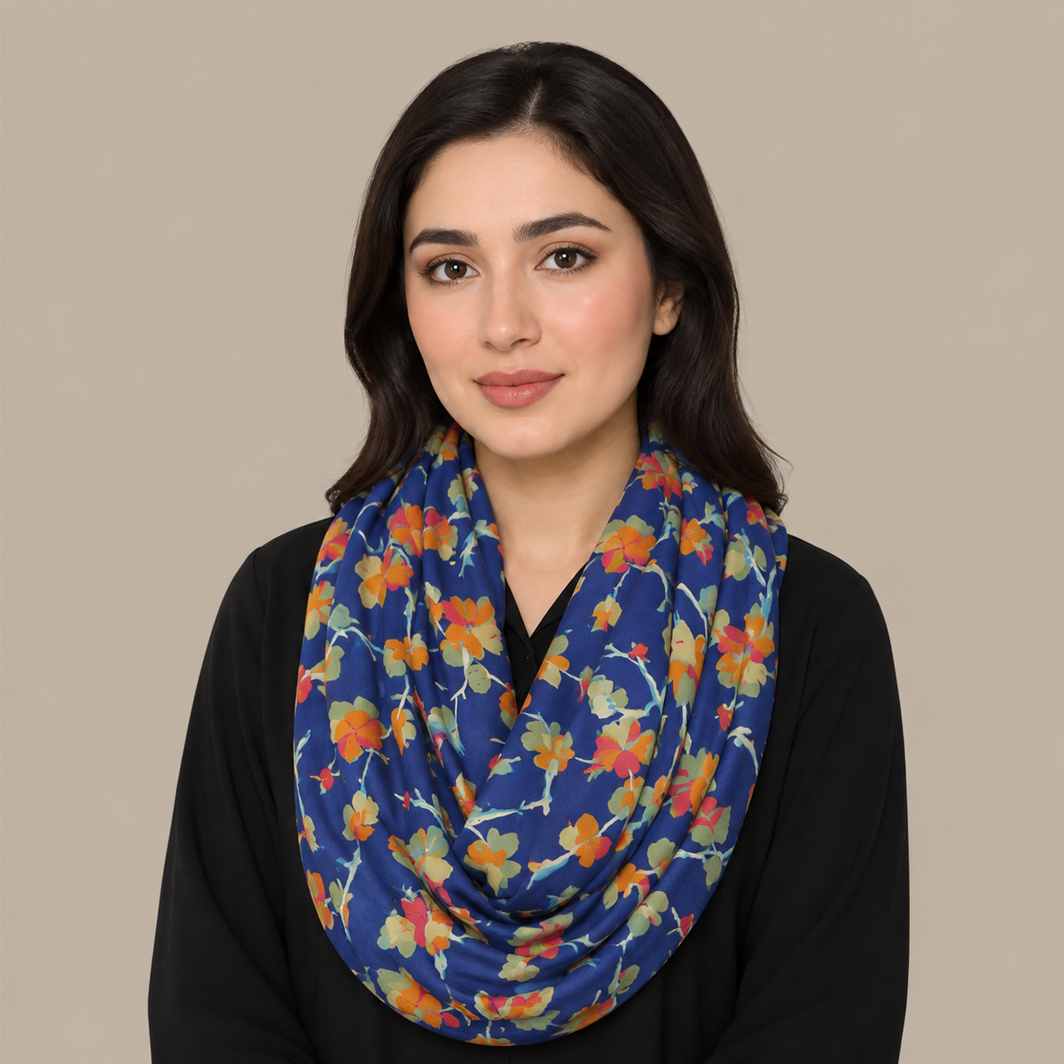 Navy Blue Floral Vine Scarf with Fringe