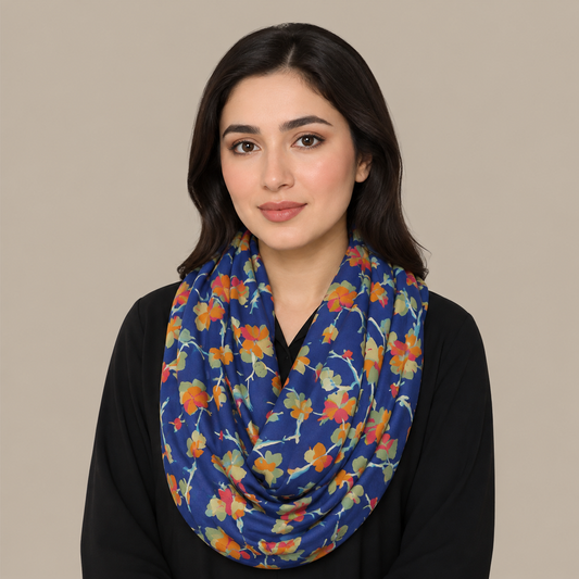 Navy Blue Floral Vine Scarf with Fringe