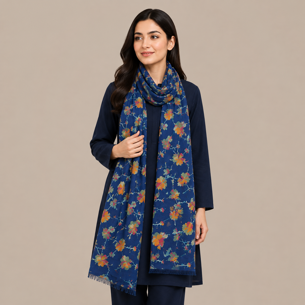 Navy Blue Floral Vine Scarf with Fringe